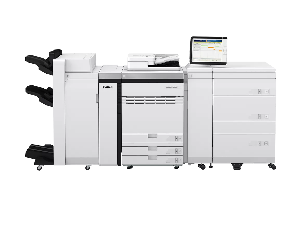 Canon imagePRESS V900 digital press with control panel and paper trays.
