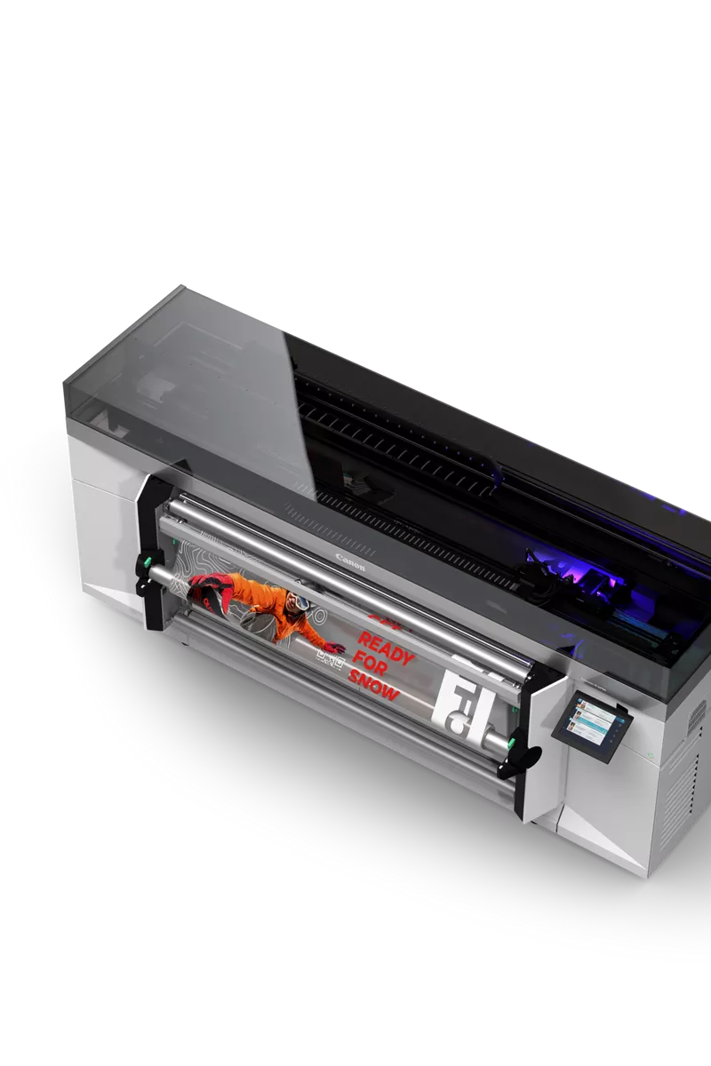 Canon Colorado M5 large format printer printing a vibrant snowboard graphic. "Ready for Snow" text visible.