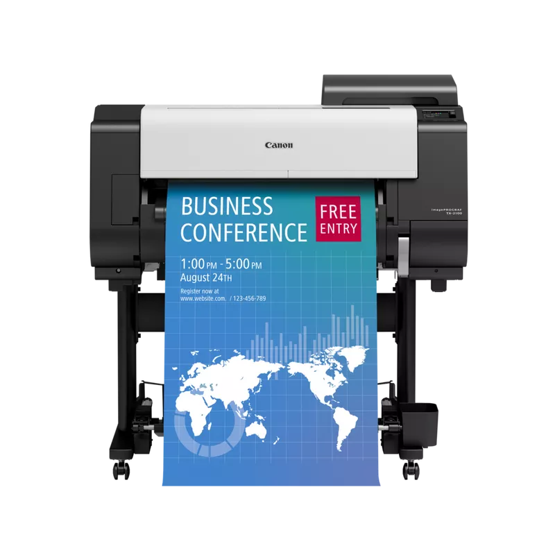 Canon imagePROGRAF large format printer printing a business conference poster. Free entry.