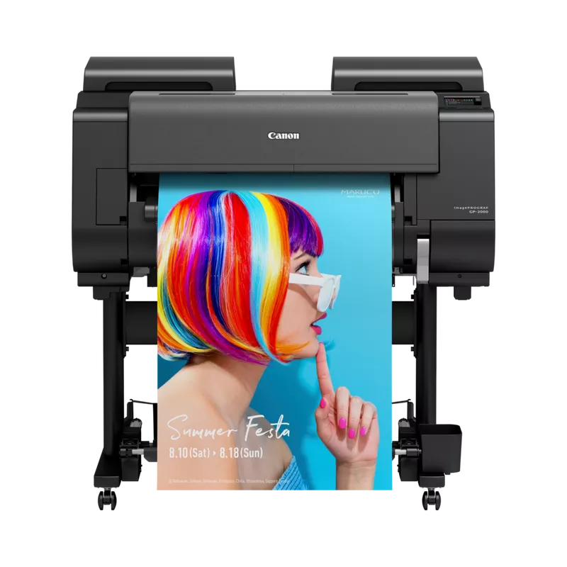 Canon ImagePROGRAF GP-2000 large format printer printing a vibrant Summer Festa poster.
